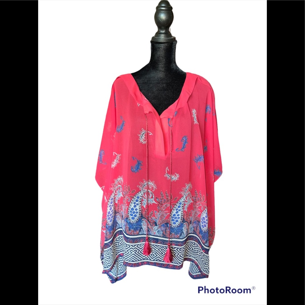 Lane Bryant sheer v-neck top red 18/20 very nice can be casual or dressed up EUC